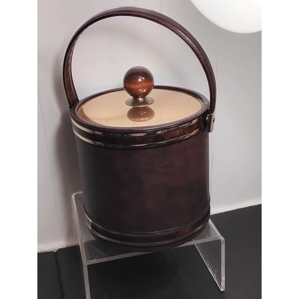 MCM Kraftware Ice Bucket Brown Leather Look Gold Ice Bucket Vintage Barware